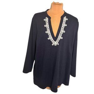 Vineyard Vines Navy Embroidered Tunic XL Cotton Boho Beach Cover Up Elbow Sleeve